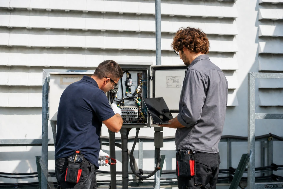 Électricien professionnel effectuant des mesures électriques dans un intérieur résidentiel