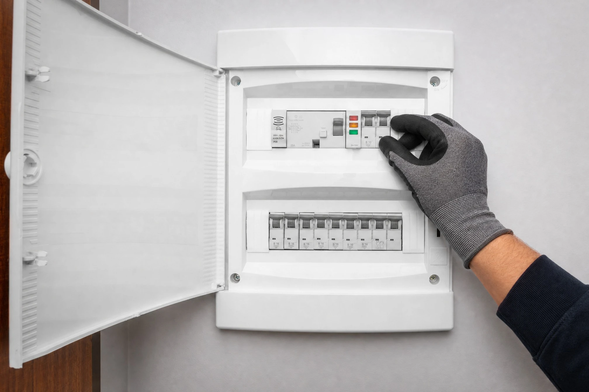 Intérieur résidentiel avec tableau électrique ouvert fixé au mur blanc